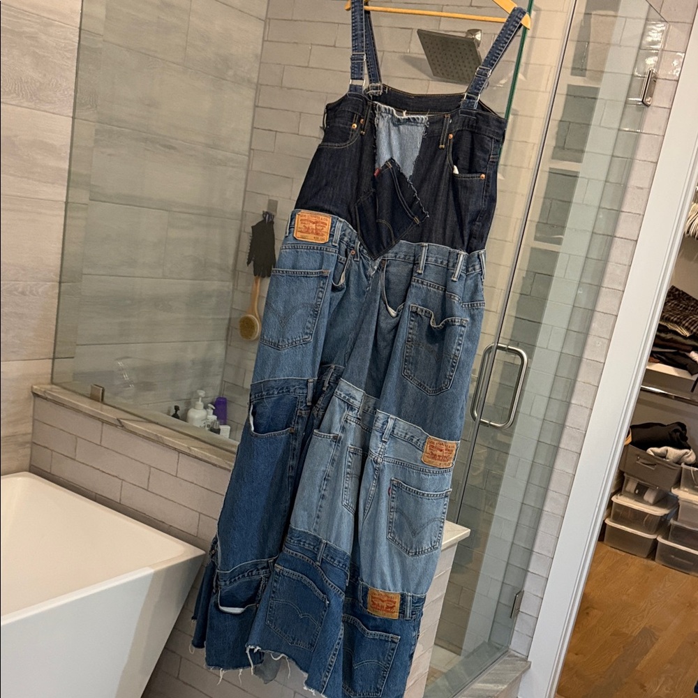 Patchwork Denim Overalls Maxi Dress - Blue
